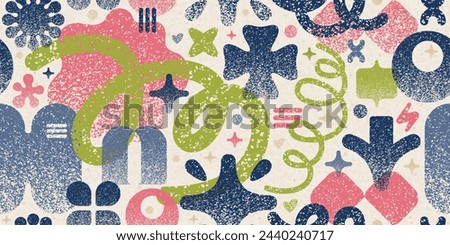 Noise y2k grafitti shapes pattern. Abstract figures with grain gradient background. Halftone gradation vector elements with dot noise. Y2k graphic geometric seamless shapes. Pixel pink green design
