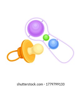 Noisy Baby Rattle and Baby Teat as Pacifying Object Vector Illustration