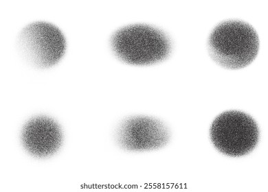 Noisy gradient shapes. Grainy dotted spray paint dust. Vector stipple abstract circle spots. Liquid black blobs with sand texture. Shadow gritty irregular forms set. Vector design