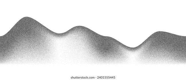 Noisy grainy background. Dotted sand mountains with stipple grunge effect. Black abstract hills. Wavy dust sprayed illustration. Vector halftone landscape.