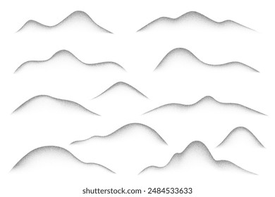 Noisy grainy mountains with gradient stipple sand effect isolated on white background. Dotted black abstract vector texture. Wavy grunge spray gradation shapes. Vintagestipple hills shade. Decorative 