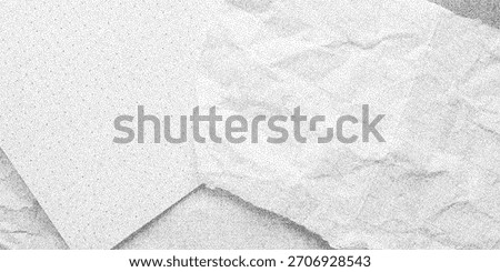 Noisy gritty dark surface with sheets of crumpled grid paper. Dusty dotted halftone texture, retro grunge banner with broken notebook page traces.