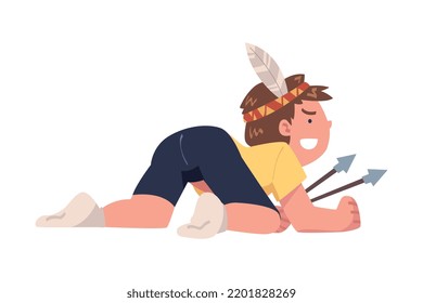 Noisy Little Boy with Arrow and Feather in Headband Having Fun Playing Indian Vector Illustration