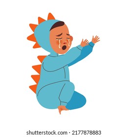 Noisy Little Boy in Blue Baby Onesie Crying with Raised Hands Claiming Attention Vector Illustration