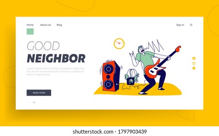 Noisy Neighbor Landing Page Template. Artist Male Character Playing Amp at Night in Apartment. Musician Training Play Electric Guitar Instrument with Dynamics Equipment. Linear Vector Illustration