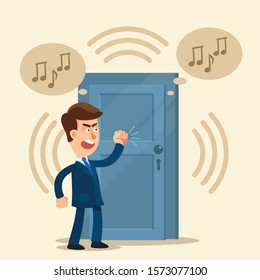 Noisy neighbours. Bad neighbor. Angry, unhappy man knocks on door of neighbors who have loud music and noise. Vector illustration, flat design cartoon style. Isolated background.