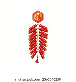 Noisy oriental firecrackers with Fu character and tassel realistic vector illustration. Asian holiday celebration mini fireworks 3d object on white. inscription on the badge is “Luck”