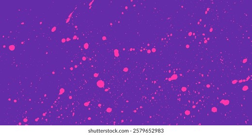 Noisy purple background with gritty halftone dots, neon pink spray paint splashes, ink drips and bold grunge-inspired overlays