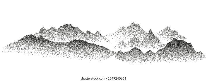 Noisy stippled grainy texture glacier landscape. Grain stippled mountains landscape. Vector illustration in black dotted particle terrain, stippling peak, rock or volcano silhouettes.