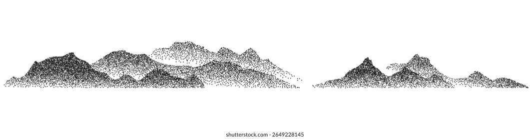 Ruidosa textura granulada paisagem de montanha. Banner horizontal de grãos abstratos pontilhados geleira. Ilustração vetorial terreno de partículas pontilhadas pretas, pico pontilhado, rocha gelada ou silhuetas alpinas.