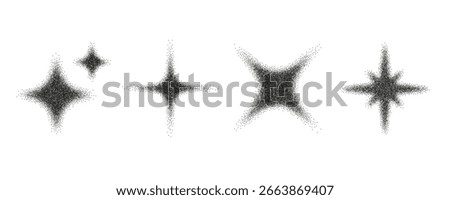 Noisy stippled grainy texture star collection. Black stippled sparks set. Halftone glitter, twinkle, sparkle, grain dots texture. Vector