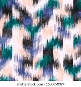Noisy stylized grungy ikat geo work rug distressed design. Tribal ethnic vivid feminine bohemian boho seamless repeat vector eps 10 pattern swatch.