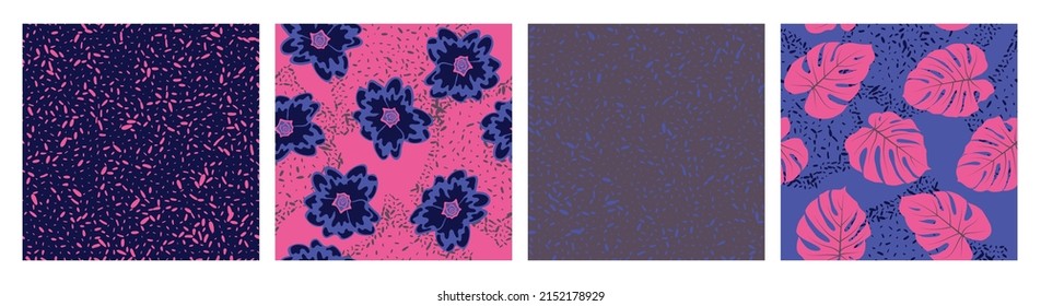 Textura ruidosa y conjunto de vectores de patrón sin costura floral. Diseño de verano con hojas de mostera primula y jungla. Colorido conjunto de patrones con textura de grano, flores, follaje. Impresiones textiles