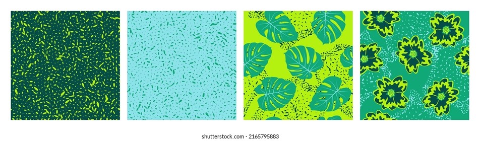 Noisy texture and floral seamless pattern vector set. Summer design with primula and tropical monstera leaves. Vibrant set of patterns with grain texture, flowers, foliage. Fabric prints