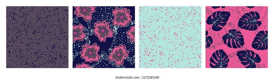 Noisy texture and floral seamless pattern vector set. Botanical design with primula and tropical monstera leaves. Bohemian patterns with grain texture, flowers, foliage. Textile prints