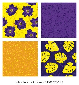 Textura ruidosa y conjunto de vectores de patrón sin costura floral. Diseño botánico con primacía y hojas de monstera tropical. Patrones bohemios con textura de grano, flores, follaje. Impresiones de tejido