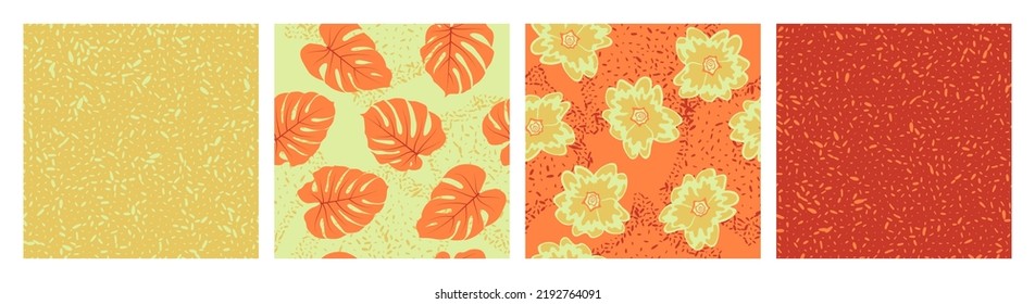 Noisy texture and floral seamless pattern vector set. Botanical design of frangipani and tropical monstera leaves. Bohemian patterns with grain texture, flowers, foliage. Fabric prints