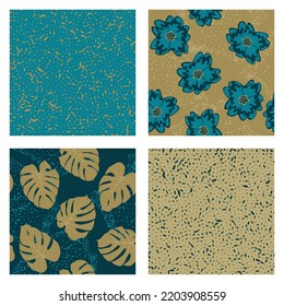 Noisy texture and floral seamless pattern vector set. Summer design with primula and jungle monstera leaves. Hawaiian set of patterns with grain texture, flowers, foliage. Fabric prints
