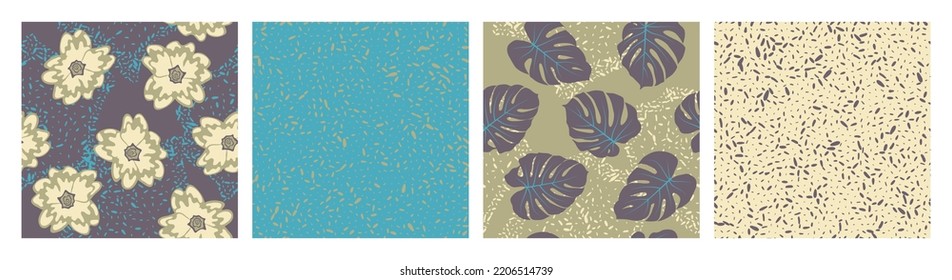 Noisy texture and floral seamless pattern vector set. Summer design with primula and tropical monstera leaves. Stylish set of patterns with grain texture, flowers, foliage. Wallpapers