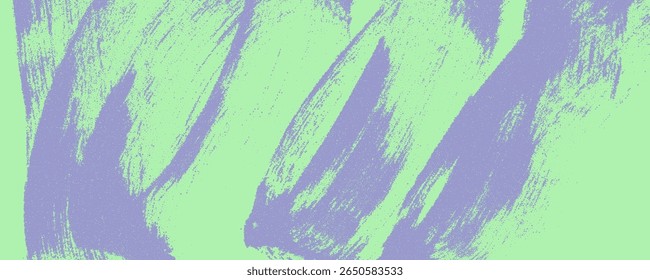 Noisy violet spiral brush strokes with spray texture on green trendy background. Grainy bold brush strokes with scattered tiny dots texture. Modern graffiti bg. Gritty trendy colored graphic wallpaper