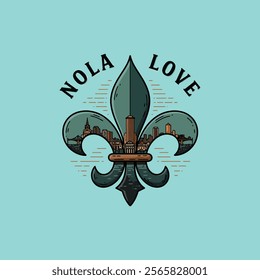 NOLA fleur-de-lis with city skyline.