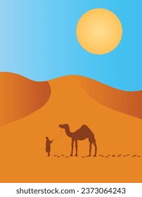 Nomad with Camel in the Desert. Deserts and sand dunes life vector art