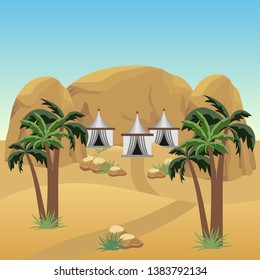 Nomad camp in desert. Landscape for cartoon or adventure game asset. Bedouins tents,  sand dunes, palms, rocks. Vector illustration