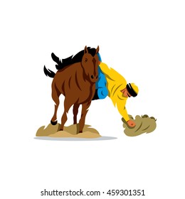 Nomad horseman missing sheep. Vector Cartoon Illustration. Unusual Logo template isolated on a white background