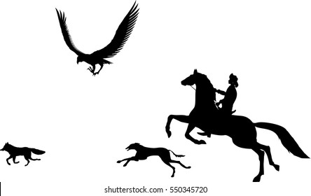 Nomad hunting with eagle and dog for fox