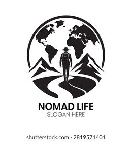 Nomad Life Concept logo 4 logo displays a globetrotting traveler walking through majestic mountains enclosed in a circular badge, symbolizing global discovery and freedom. This creative and adventurous vector design is excellent for travel blogs, outdoor gear brands, expedition planners, nomadic lifestyle brands, or tourism boards aiming for a professional identity that celebrates travel, nature, and adventure.