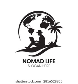 Nomad Life logo captures a serene traveler relaxing under palm trees within a global map frame. Companies use the Nomad Life logo for travel blogs and lifestyle branding. Featuring this Nomad Life logo resonates with adventurers pursuing remote work freedom while exploring diverse cultures across our vast interconnected beautiful world.