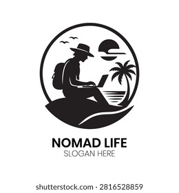 Nomad Life logo highlights an explorer sitting with a laptop near beach trees within a circular frame. Brands place the Nomad Life logo onto laptop stickers and travel gear. Implementing this Nomad Life logo appeals to modern digital experts who value flexibility whilst maintaining professional excellence across various stunning international locations.
