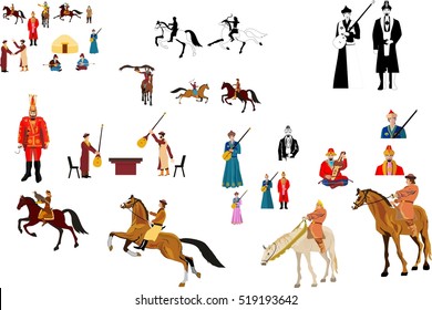 Nomad people vector collection set. Kazakha in traditional national drees.