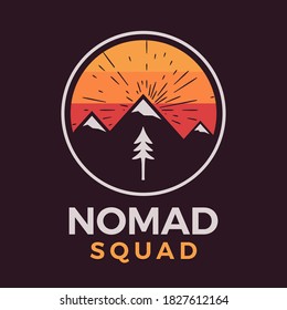 Nomad squad logo, retro camping adventure emblem design with mountains and tree. Unusual vintage art retro style sticker. Stock vector patch