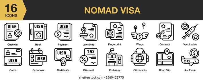 Nomad Visa icon set. Includes travel, digital nomad, visa, passport, trip, vacation, and More. Outline icons vector collection.