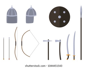 Nomad weapons and armors set. Nomad warrior equipment. Sable, axe, spear, bow, arrows, helmet shield Vector illustration