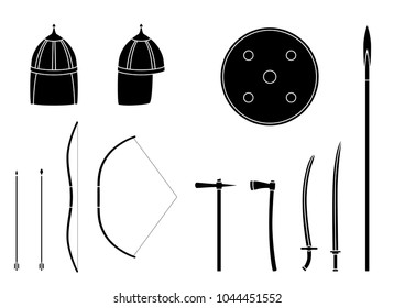 Nomad weapons and armors set. Nomad warrior equipment. Sable, axe, spear, bow, arrows, helmet shield Vector illustration