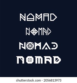 "Nomad". The words are stylized in a runic font. Blue background. Vector. 