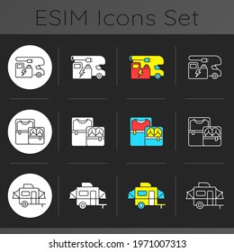 Nomadic lifestyle dark theme icons set. Power generation for trailer. Cubes for packing clothing. Pop up camper van. Linear white, solid glyph and RGB color styles. Isolated vector illustrations svg