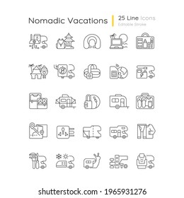 Nomadic vacations linear icons set. Roadtrip trailer. RV vehicle. Van for tourist lifestyle. Customizable thin line contour symbols. Isolated vector outline illustrations. Editable stroke