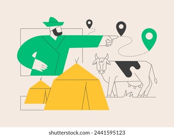 Nomadism abstract concept vector illustration. Without fixed habitation, rural nomad, hunters gatherers pastoral, non-sedentary people, movement, inside tents, riding a horse abstract metaphor.