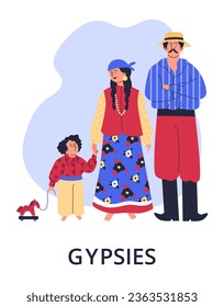 Nomadize gypsies family in traditional clothes portrait. Gypsies ethnic tradition and culture poster. Vector cartoon characters illustration. Child with toy horse, mother and father with black hair
