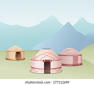 Nomad's tents (yurts). Background with hill and mountains.