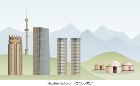 Nomad's tents (yurts) beside megalopolis. Almaty, beautiful background with building. Asia architecture. Urbanization concept.