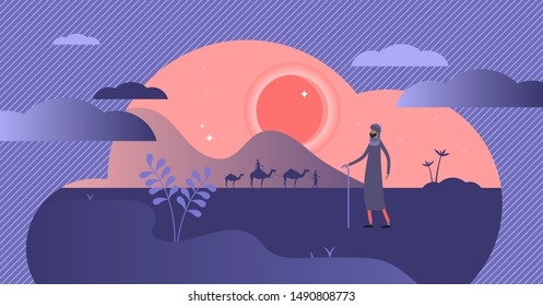 Nomads vector illustration. Flat tiny persons without habitation concept. East and arabic culture tradition to travel with caravan in desert or steppe. Ethnic native group without fixed home location.