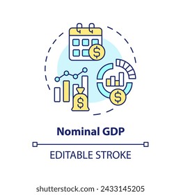 Icono de concepto multicolor del pib nominal. Indicador económico. Bienes y servicios. Economía nacional. Ilustración de línea de forma redonda. Idea abstracta. Diseño gráfico. Fácil de usar en folleto, folleto