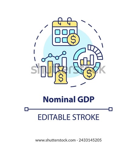 Nominal gdp multi color concept icon. Economic indicator. Goods and services. National economy. Round shape line illustration. Abstract idea. Graphic design. Easy to use in brochure, booklet