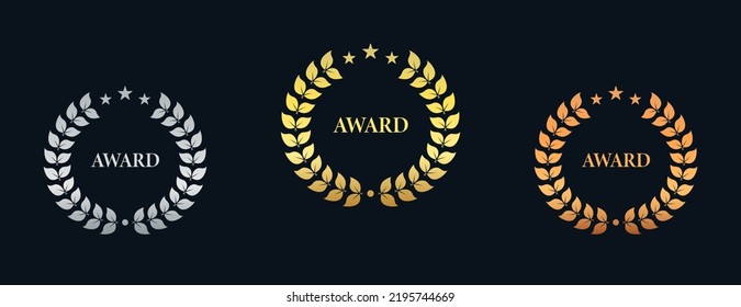 Nominate Gold Bronze Silver Twig Leaf Olive Branch Reward Icon Set. Chaplet Laurel Wreath Success Heraldry Silhouette Pictogram. Victory Achievement Emblem for Champion. Isolated Vector Illustration