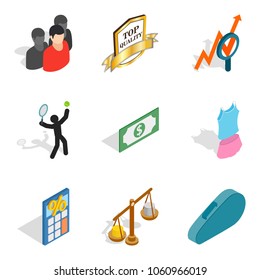 Nomination icons set. Isometric set of 9 nomination vector icons for web isolated on white background