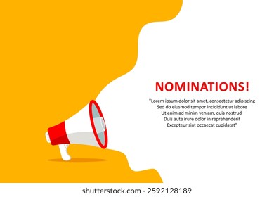 Nominations, banner with megaphone. Nominations speech bubble banner. Vector illustration for retail shopping online marketing template, banner, poster, and background.